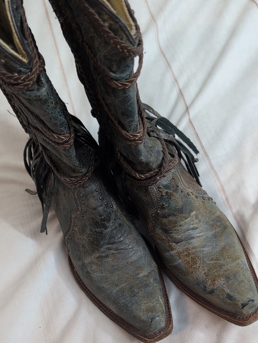 Corral Distressed Blue Gray Leather Fringe Studded Western Boots Women 9.5M